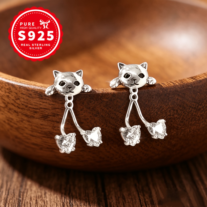 Women's S925 Sterling Silver Cat with Double Hearts Drop Earrings